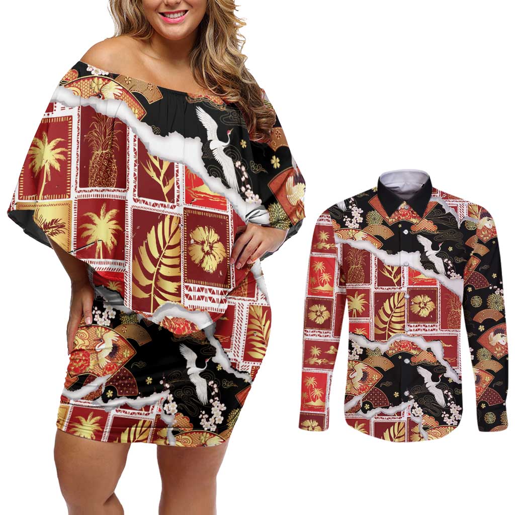 Hawaii Japanese Culture Black Couples Matching Off Shoulder Short Dress and Long Sleeve Button Shirt Spring Cranes Aloha Pattern
