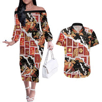 Hawaii Japanese Culture Black Couples Matching Off The Shoulder Long Sleeve Dress and Hawaiian Shirt Spring Cranes Aloha Pattern LT01 Black - Polynesian Pride