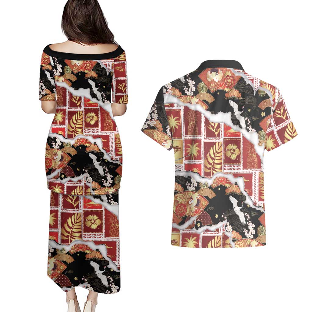 Hawaii Japanese Culture Black Couples Matching Puletasi and Hawaiian Shirt Spring Cranes Aloha Pattern LT01 - Polynesian Pride