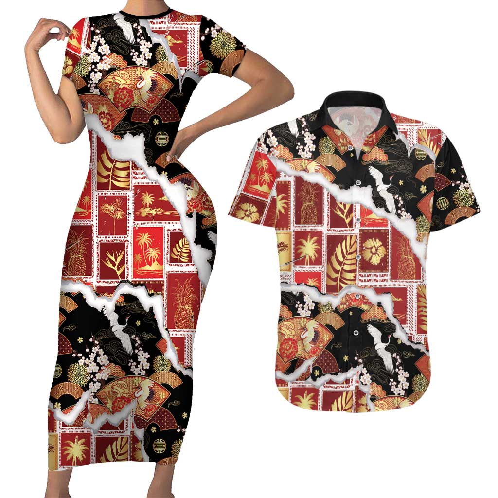 Hawaii Japanese Culture Black Couples Matching Short Sleeve Bodycon Dress and Hawaiian Shirt Spring Cranes Aloha Pattern LT01 Black - Polynesian Pride