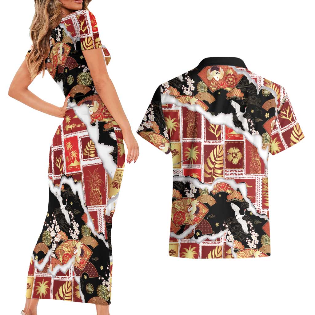 Hawaii Japanese Culture Black Couples Matching Short Sleeve Bodycon Dress and Hawaiian Shirt Spring Cranes Aloha Pattern LT01 - Polynesian Pride