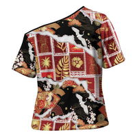 Hawaii Japanese Culture Black Cross Shoulder Shirt Spring Cranes Aloha Pattern