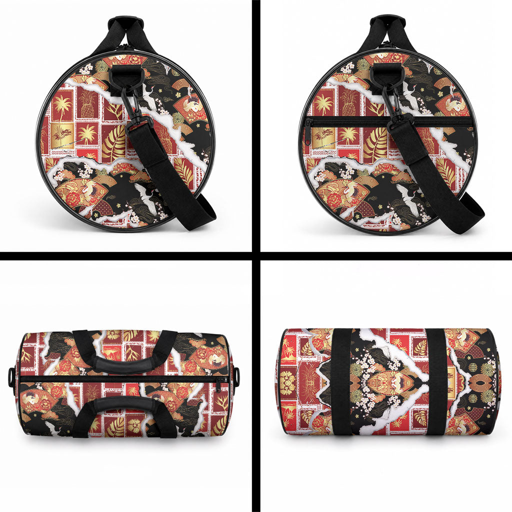 Hawaii Japanese Culture Black Duffle Bag Spring Cranes Aloha Pattern LT01 - Polynesian Pride