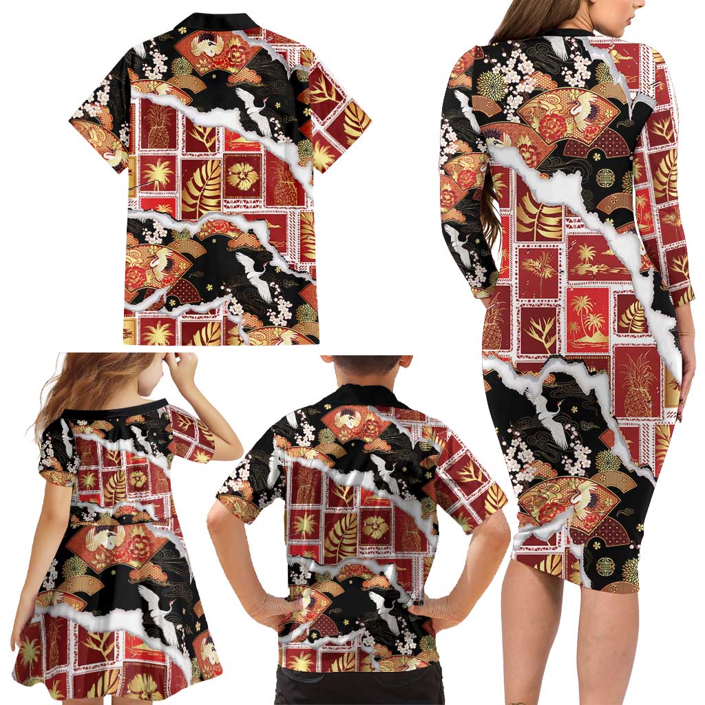 Hawaii Japanese Culture Black Family Matching Long Sleeve Bodycon Dress and Hawaiian Shirt Spring Cranes Aloha Pattern LT01 - Polynesian Pride