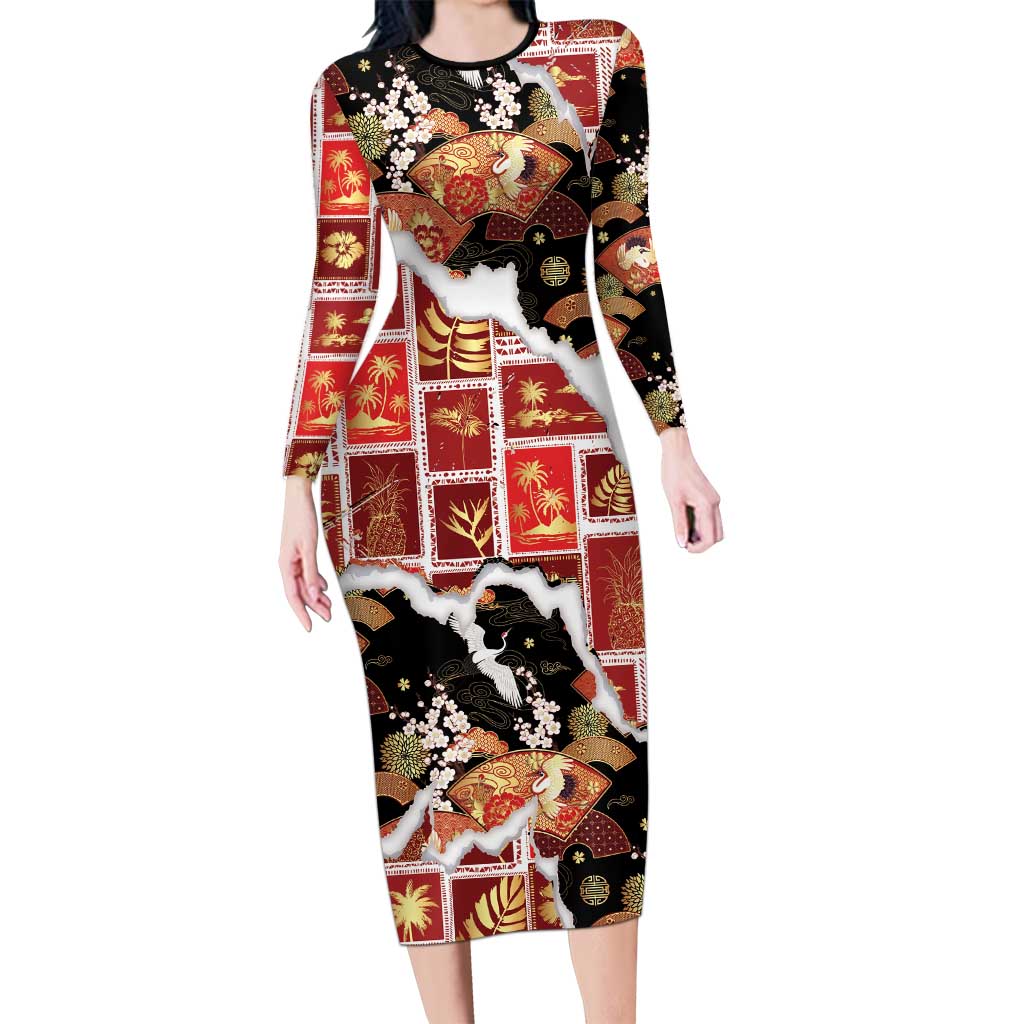 Hawaii Japanese Culture Black Family Matching Long Sleeve Bodycon Dress and Hawaiian Shirt Spring Cranes Aloha Pattern LT01 Mom's Dress Black - Polynesian Pride