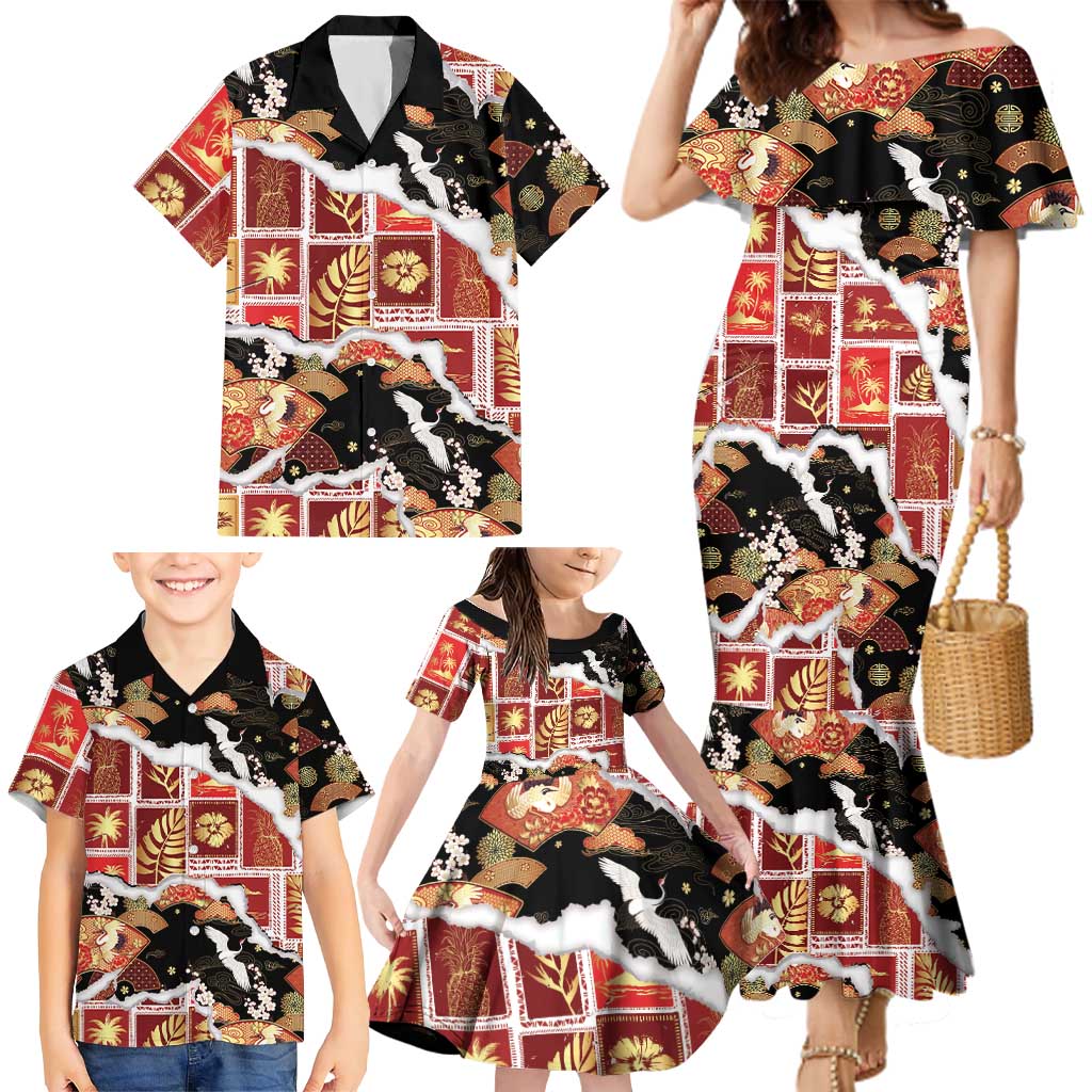 Hawaii Japanese Culture Black Family Matching Mermaid Dress and Hawaiian Shirt Spring Cranes Aloha Pattern LT01 - Polynesian Pride