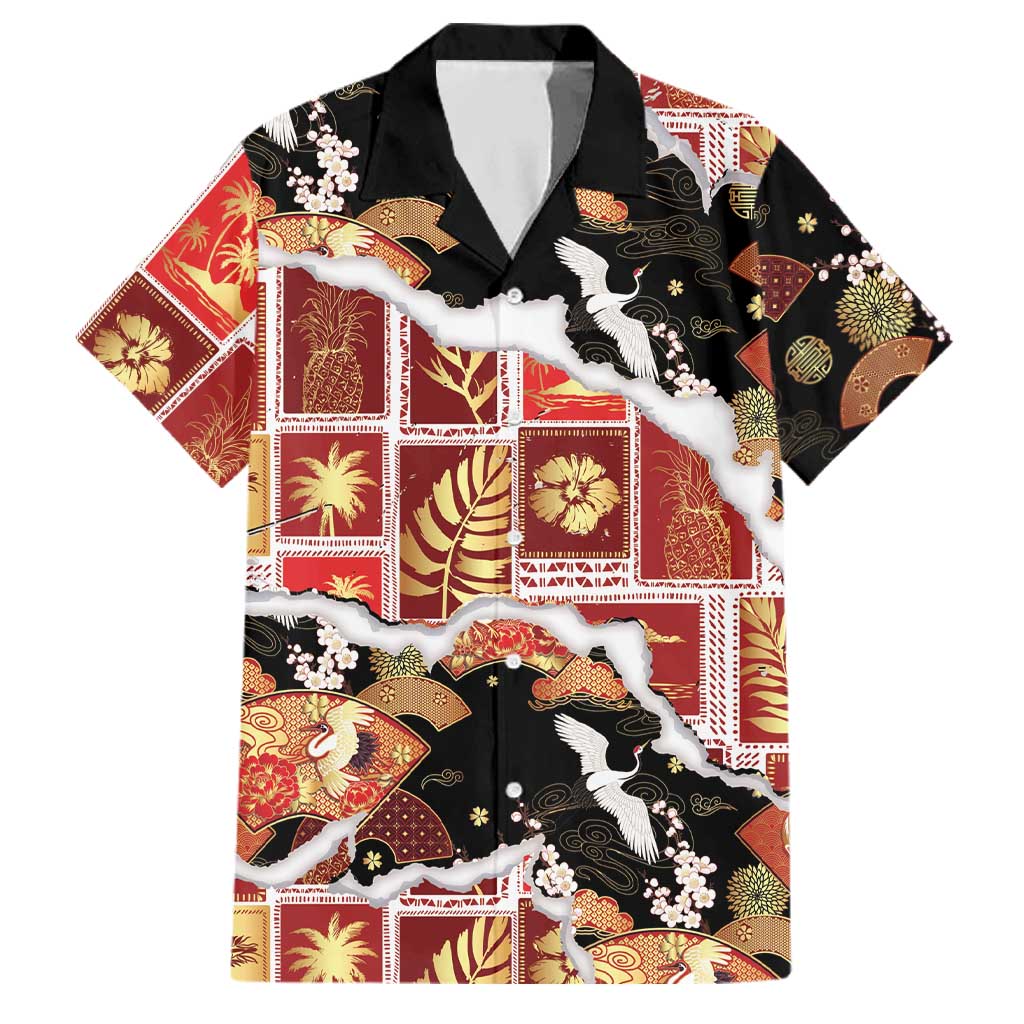 Hawaii Japanese Culture Black Family Matching Mermaid Dress and Hawaiian Shirt Spring Cranes Aloha Pattern LT01 Dad's Shirt - Short Sleeve Black - Polynesian Pride