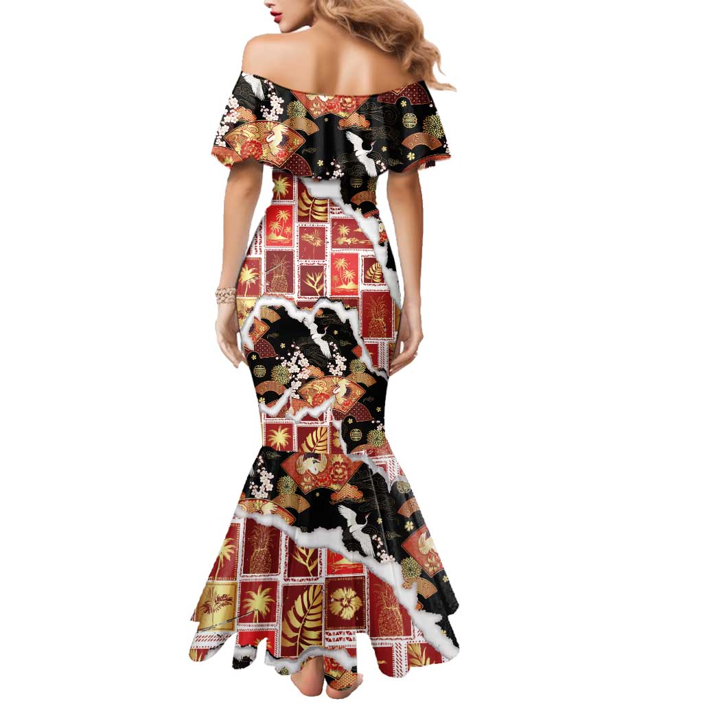 Hawaii Japanese Culture Black Family Matching Mermaid Dress and Hawaiian Shirt Spring Cranes Aloha Pattern LT01 - Polynesian Pride