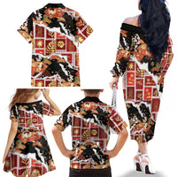 Hawaii Japanese Culture Black Family Matching Off The Shoulder Long Sleeve Dress and Hawaiian Shirt Spring Cranes Aloha Pattern LT01 - Polynesian Pride