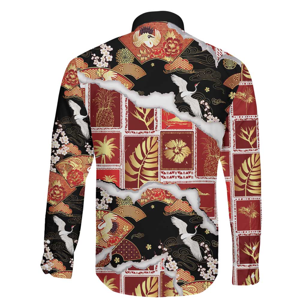 Hawaii Japanese Culture Black Family Matching Off Shoulder Maxi Dress and Hawaiian Shirt Spring Cranes Aloha Pattern LT01 - Polynesian Pride