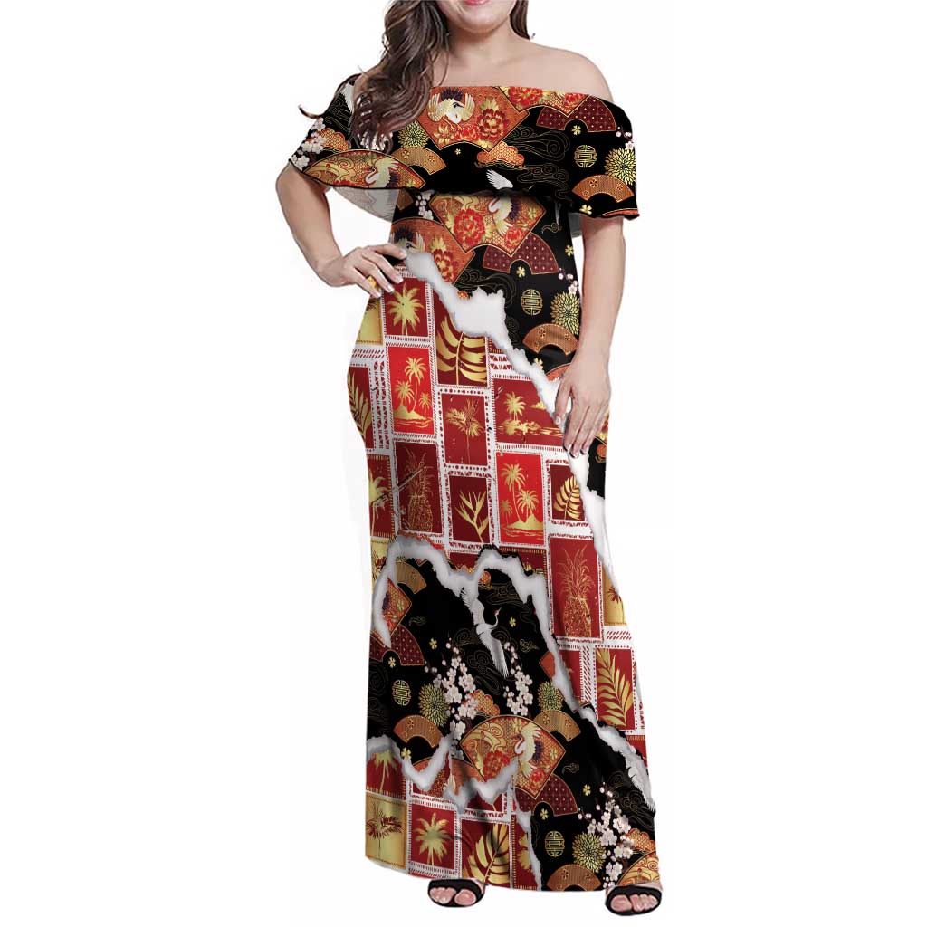 Hawaii Japanese Culture Black Family Matching Off Shoulder Maxi Dress and Hawaiian Shirt Spring Cranes Aloha Pattern LT01 Mom's Dress Black - Polynesian Pride