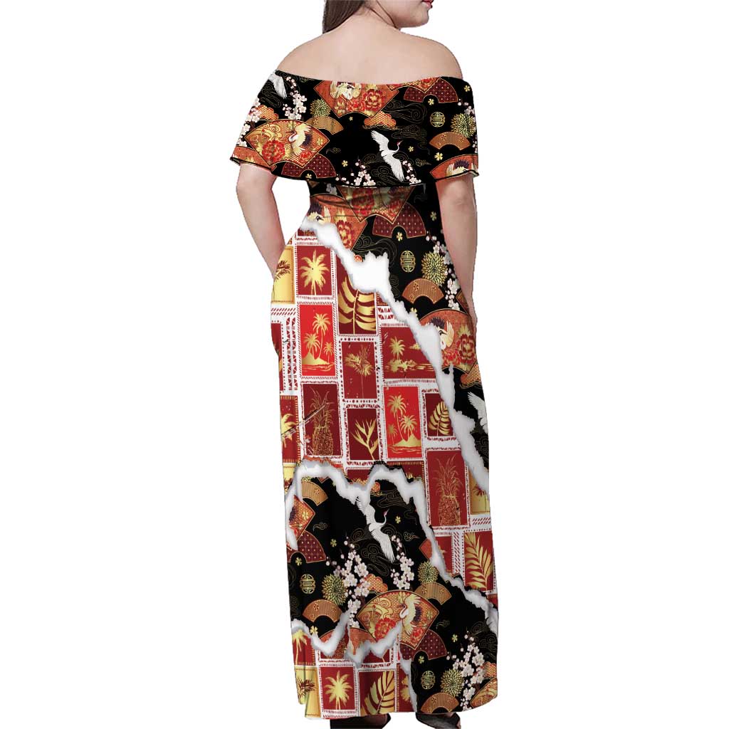 Hawaii Japanese Culture Black Family Matching Off Shoulder Maxi Dress and Hawaiian Shirt Spring Cranes Aloha Pattern LT01 - Polynesian Pride