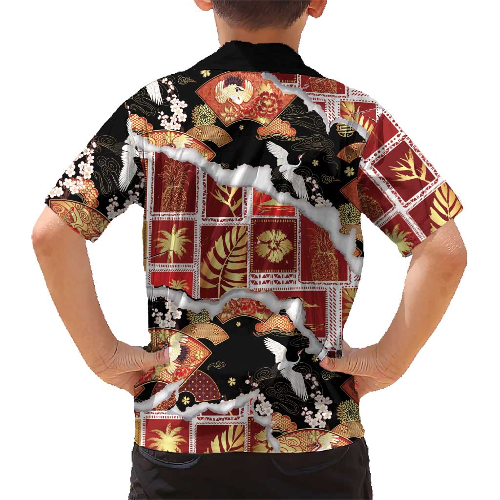 Hawaii Japanese Culture Black Family Matching Off Shoulder Short Dress and Hawaiian Shirt Spring Cranes Aloha Pattern LT01 - Polynesian Pride
