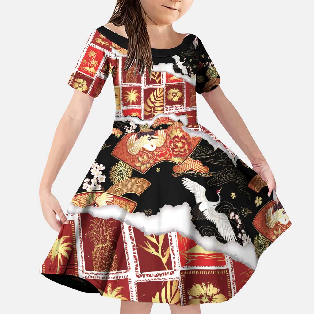 Hawaii Japanese Culture Black Family Matching Puletasi and Hawaiian Shirt Spring Cranes Aloha Pattern LT01 Daughter's Dress Black - Polynesian Pride