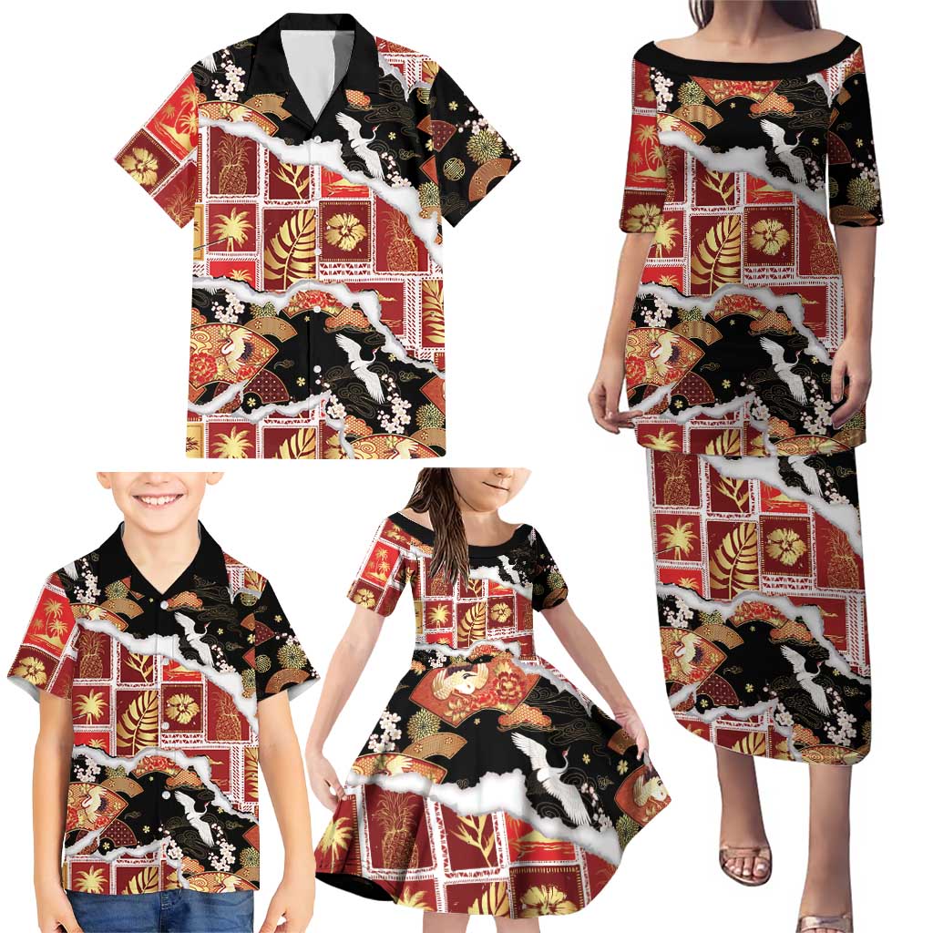 Hawaii Japanese Culture Black Family Matching Puletasi and Hawaiian Shirt Spring Cranes Aloha Pattern LT01 - Polynesian Pride