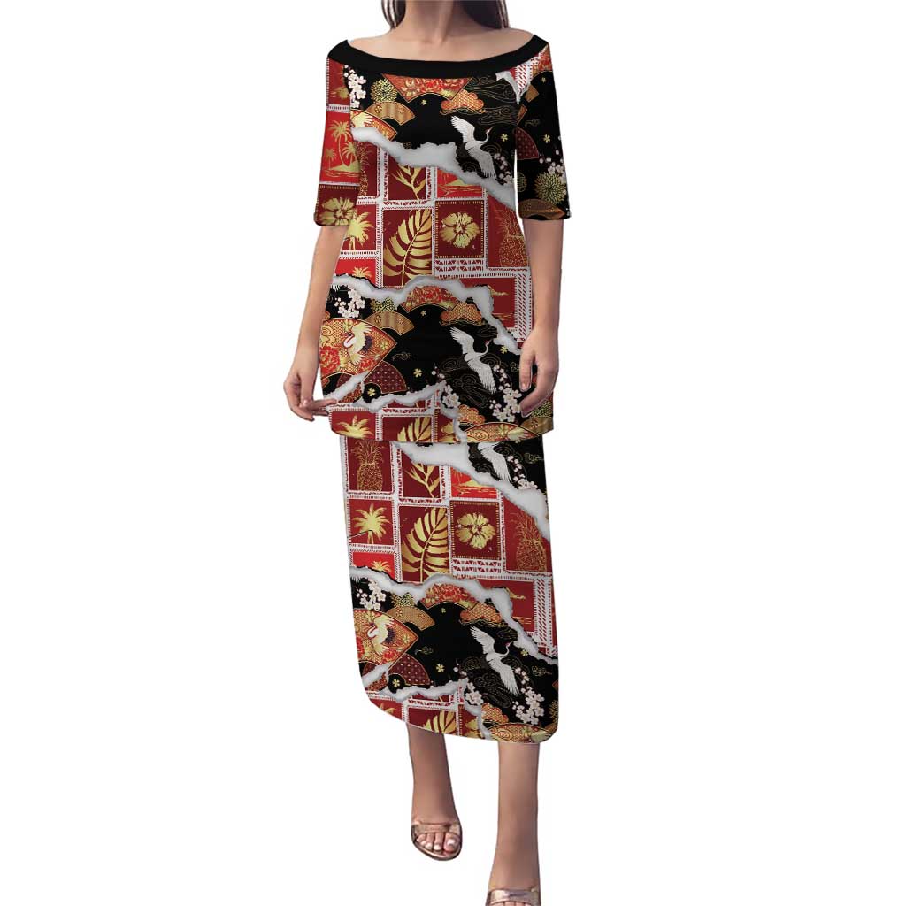 Hawaii Japanese Culture Black Family Matching Puletasi and Hawaiian Shirt Spring Cranes Aloha Pattern LT01 Mom's Dress Black - Polynesian Pride