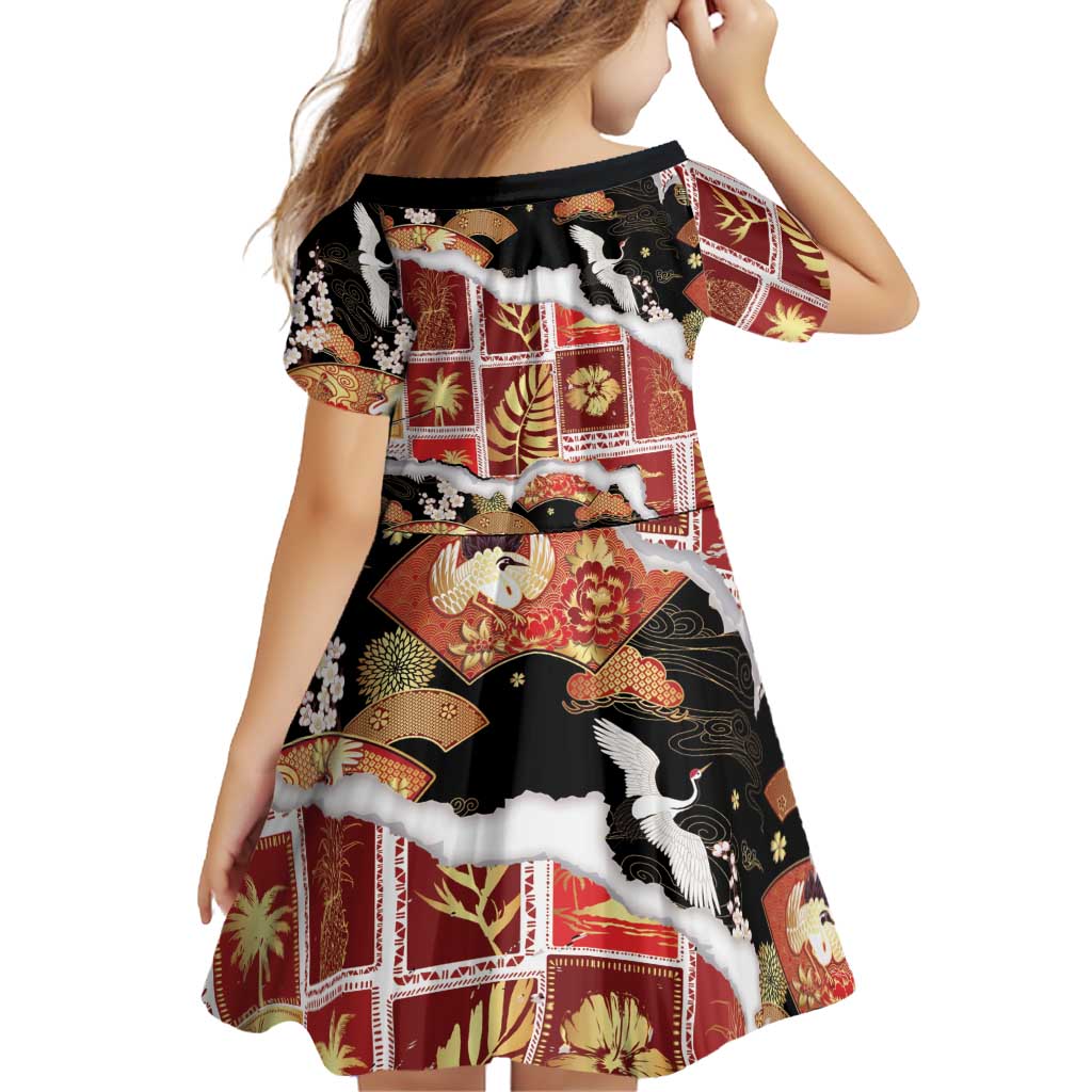 Hawaii Japanese Culture Black Family Matching Short Sleeve Bodycon Dress and Hawaiian Shirt Spring Cranes Aloha Pattern LT01 - Polynesian Pride