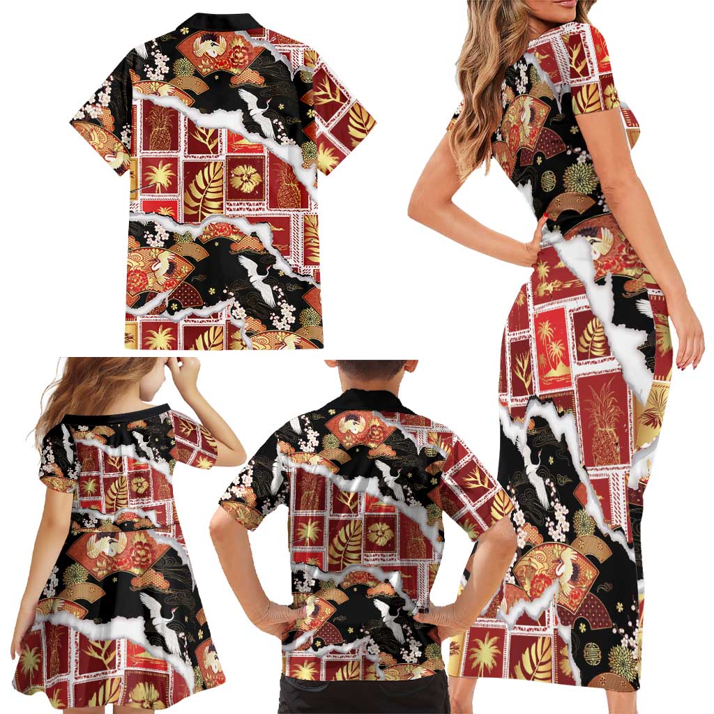 Hawaii Japanese Culture Black Family Matching Short Sleeve Bodycon Dress and Hawaiian Shirt Spring Cranes Aloha Pattern LT01 - Polynesian Pride