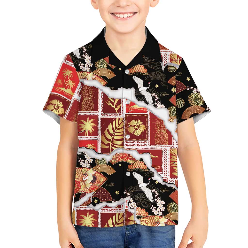 Hawaii Japanese Culture Black Family Matching Summer Maxi Dress and Hawaiian Shirt Spring Cranes Aloha Pattern LT01 Son's Shirt Black - Polynesian Pride