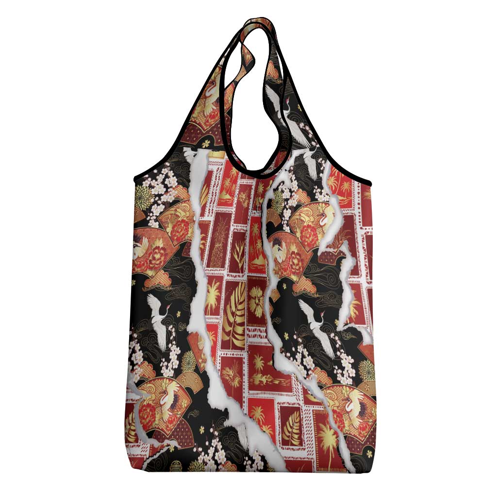 Hawaii Japanese Culture Black Grocery Bag Spring Cranes Aloha Pattern