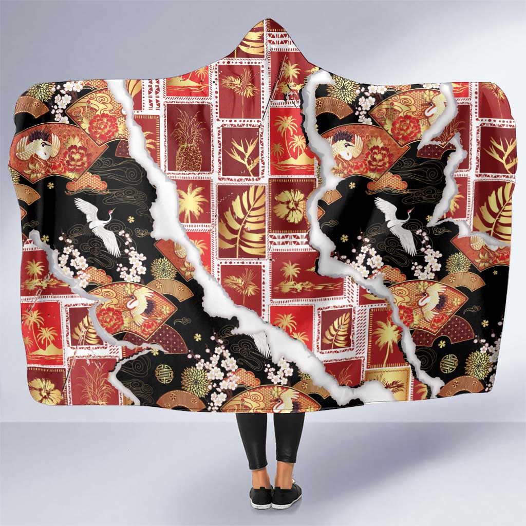 Hawaii Japanese Culture Black Hooded Blanket Spring Cranes Aloha Pattern
