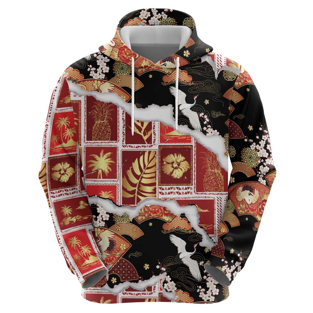 Hawaii Japanese Culture Black Hoodie Spring Cranes Aloha Pattern