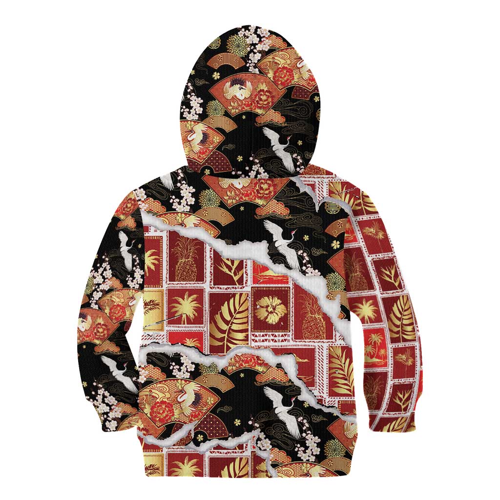 Hawaii Japanese Culture Black Kid Hoodie Spring Cranes Aloha Pattern LT01 - Polynesian Pride
