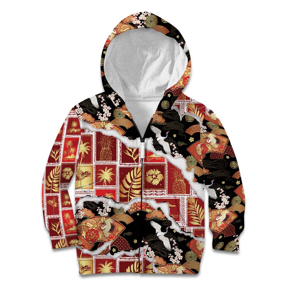Hawaii Japanese Culture Black Kid Hoodie Spring Cranes Aloha Pattern LT01 Zip Hoodie Black - Polynesian Pride