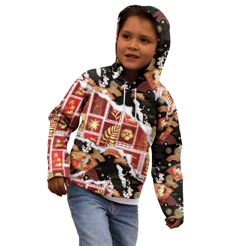 Hawaii Japanese Culture Black Kid Hoodie Spring Cranes Aloha Pattern LT01 - Polynesian Pride