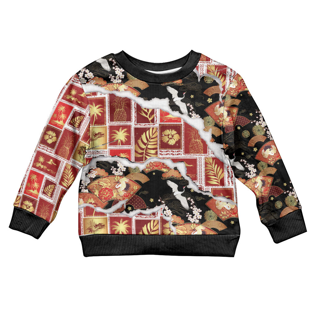 Hawaii Japanese Culture Black Kid Ugly Christmas Sweater Spring Cranes Aloha Pattern LT01 Kid Black - Polynesian Pride