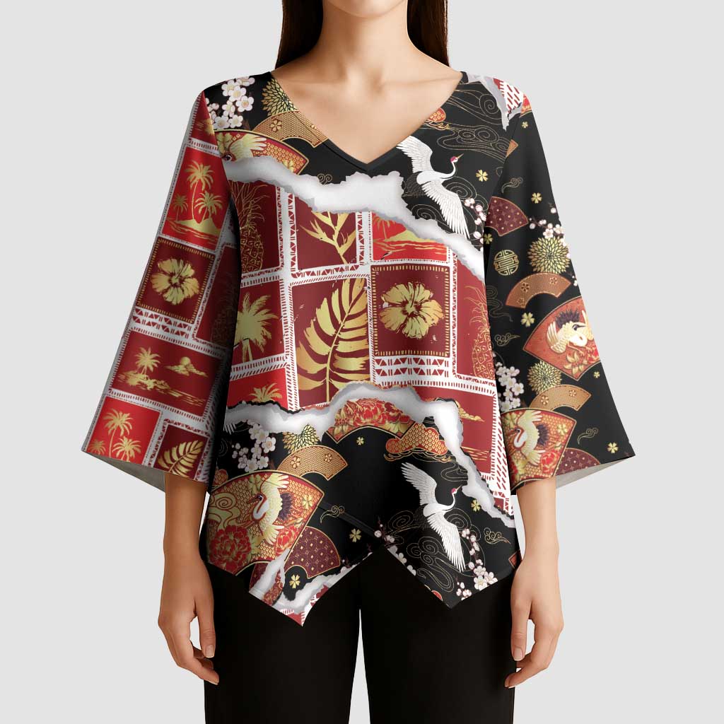 Hawaii Japanese Culture Black Kimono Sleeve Blouse Spring Cranes Aloha Pattern