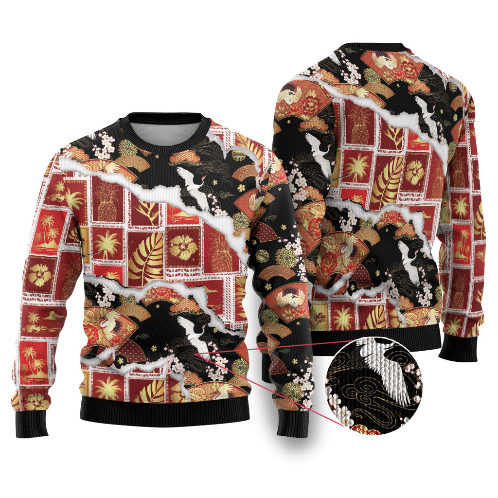 Hawaii Japanese Culture Black Ugly Christmas Sweater Spring Cranes Aloha Pattern LT01 Black - Polynesian Pride
