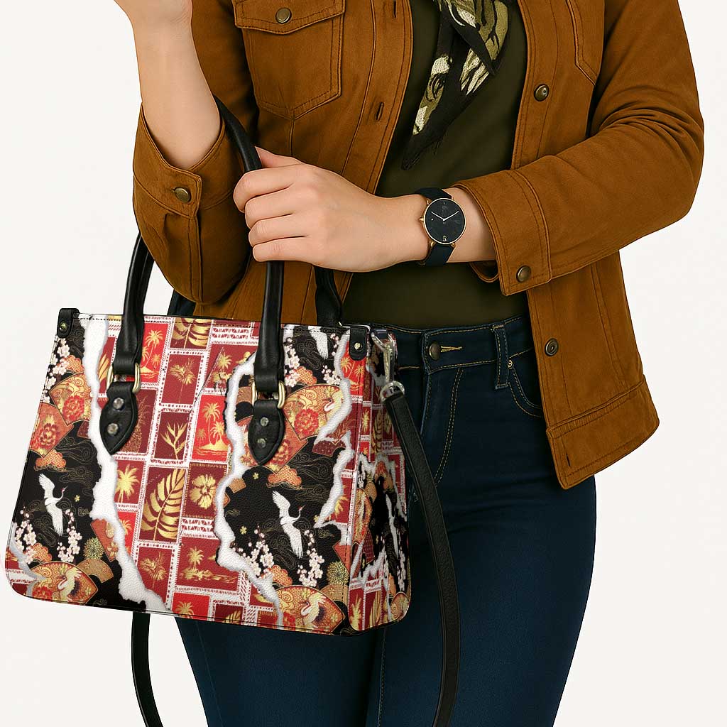 Hawaii Japanese Culture Black Leather Bag Spring Cranes Aloha Pattern