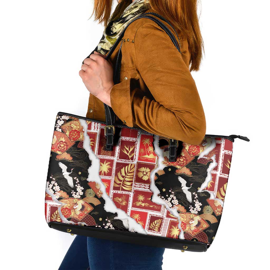 Hawaii Japanese Culture Black Leather Tote Bag Spring Cranes Aloha Pattern