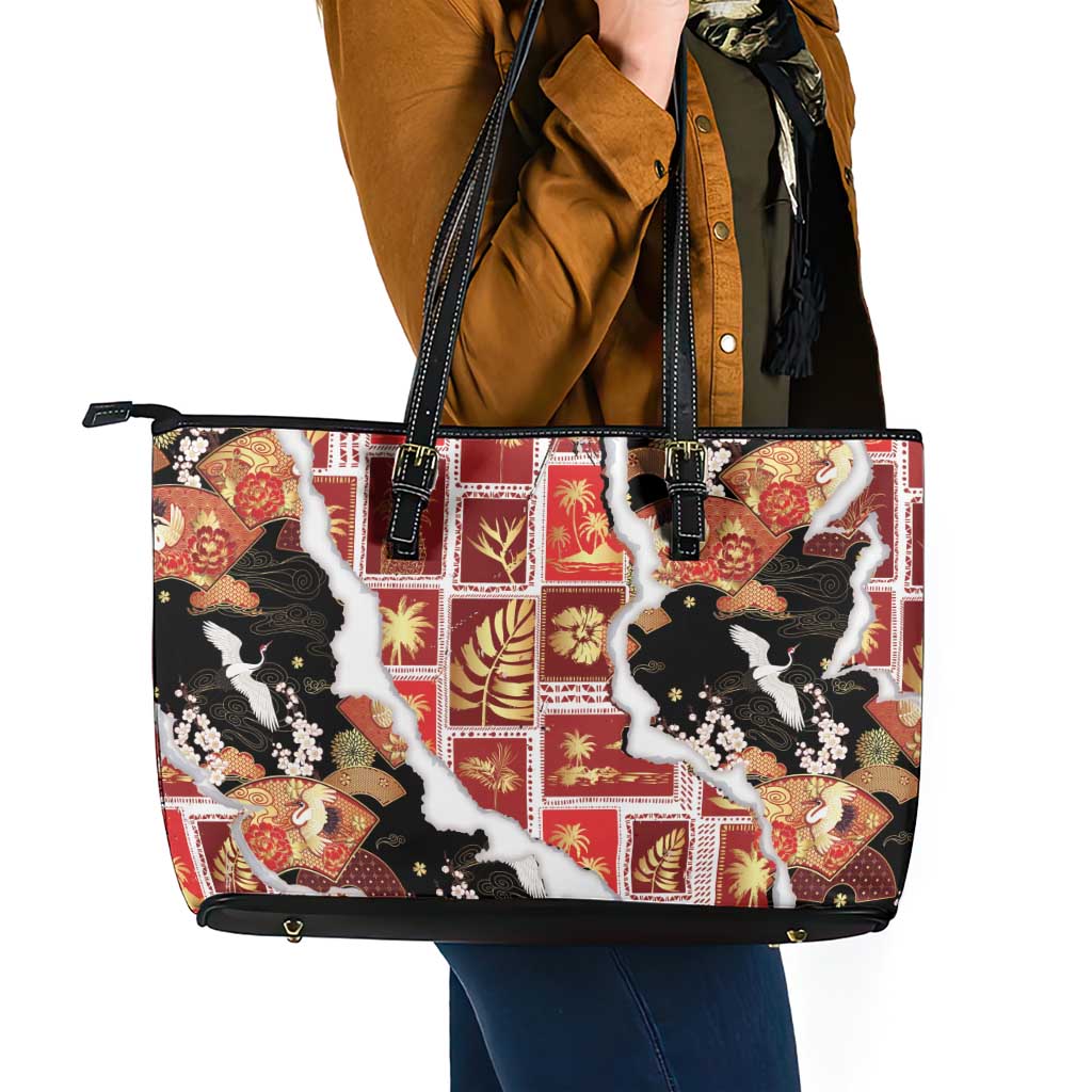 Hawaii Japanese Culture Black Leather Tote Bag Spring Cranes Aloha Pattern