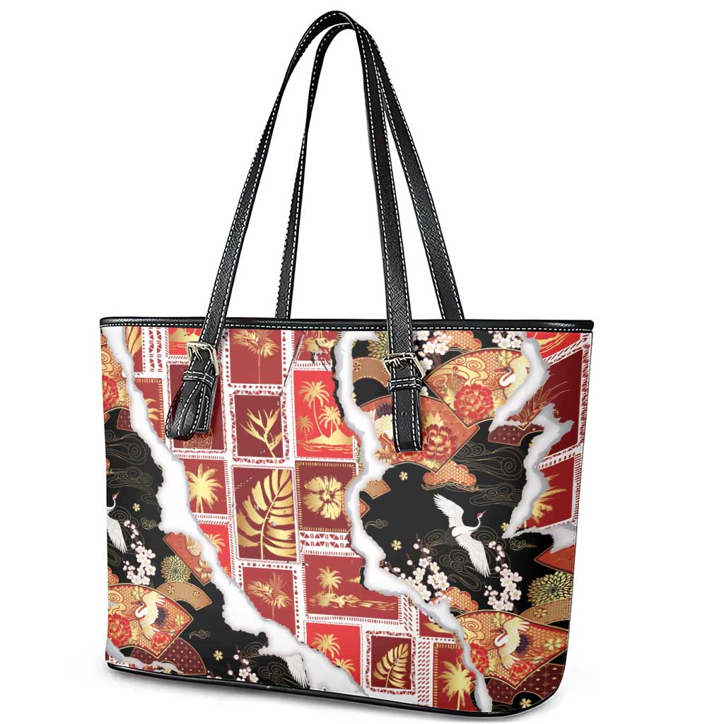 Hawaii Japanese Culture Black Leather Tote Bag Spring Cranes Aloha Pattern