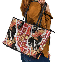 Hawaii Japanese Culture Black Leather Tote Bag Spring Cranes Aloha Pattern