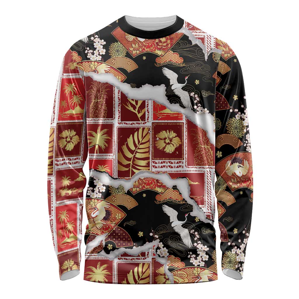 Hawaii Japanese Culture Black Long Sleeve Shirt Spring Cranes Aloha Pattern