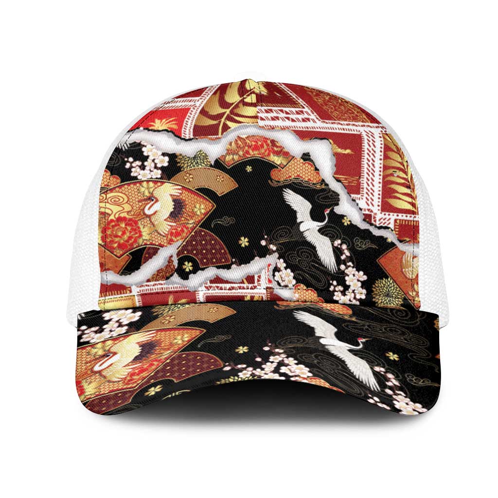 Hawaii Japanese Culture Black Mesh Trucker Cap Spring Cranes Aloha Pattern