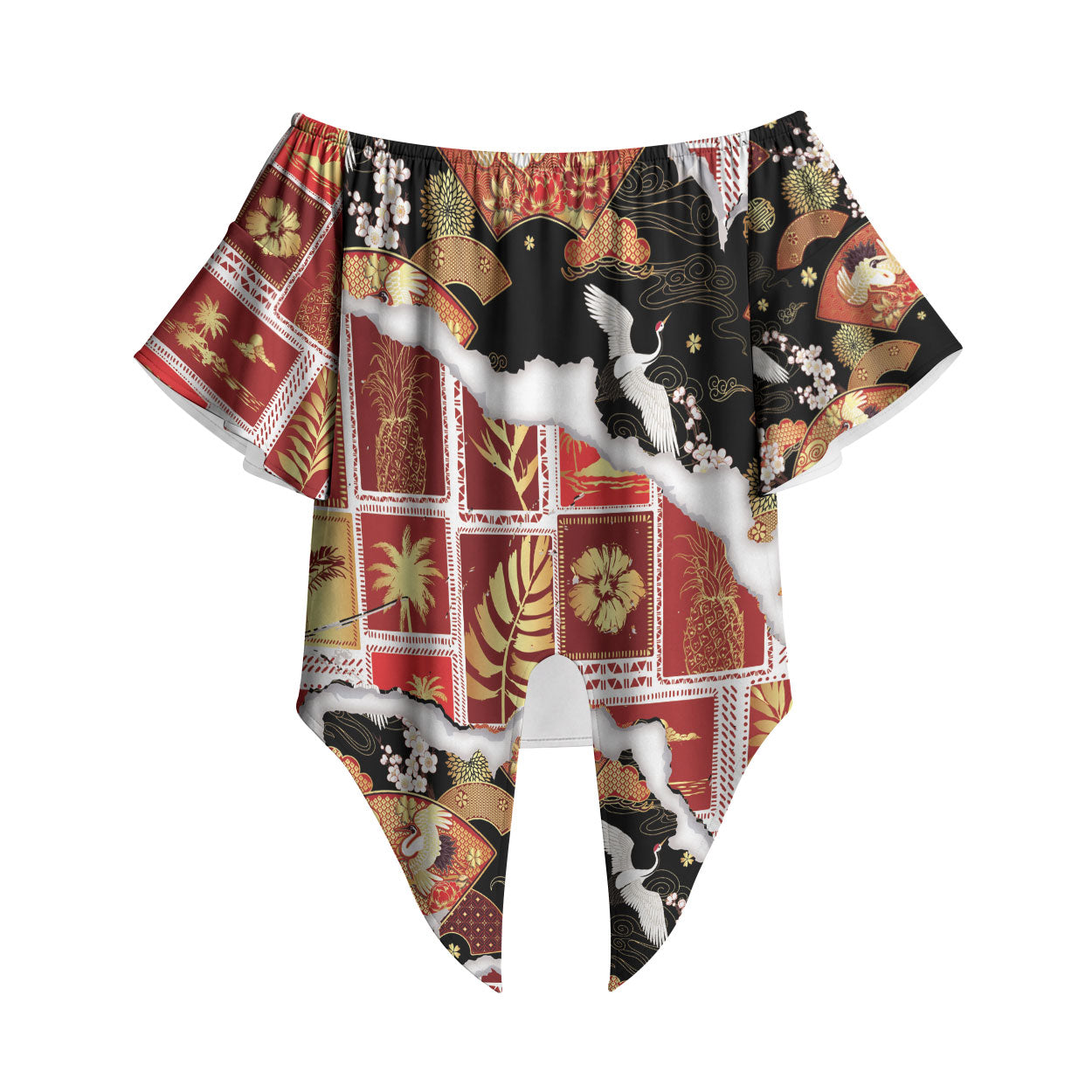 Hawaii Japanese Culture Black Off Shoulder Wrap Waist Top Spring Cranes Aloha Pattern LT01 Black - Polynesian Pride
