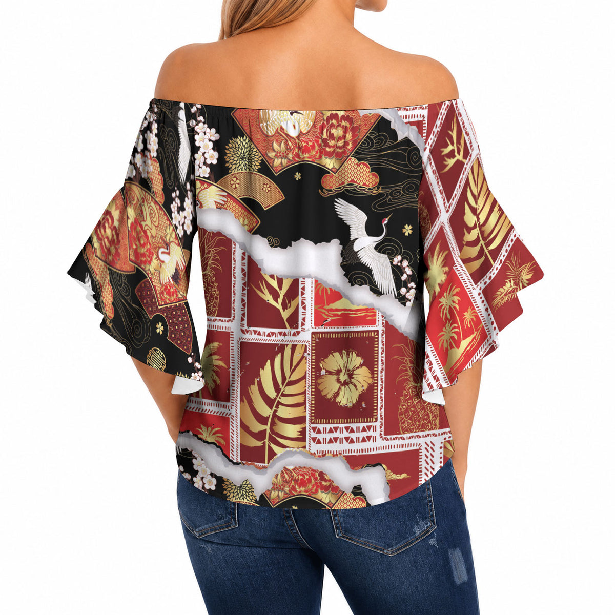 Hawaii Japanese Culture Black Off Shoulder Wrap Waist Top Spring Cranes Aloha Pattern LT01 - Polynesian Pride