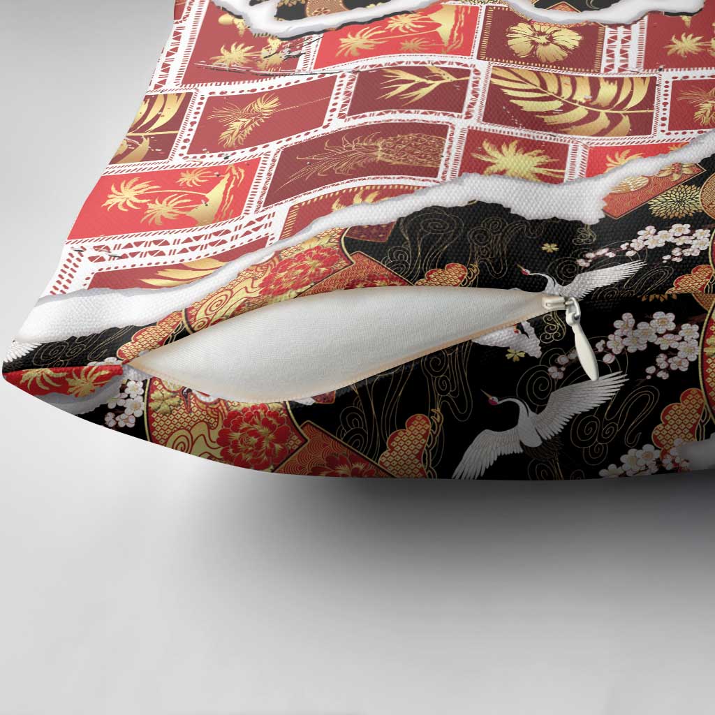Hawaii Japanese Culture Black Pillow Cover Spring Cranes Aloha Pattern
