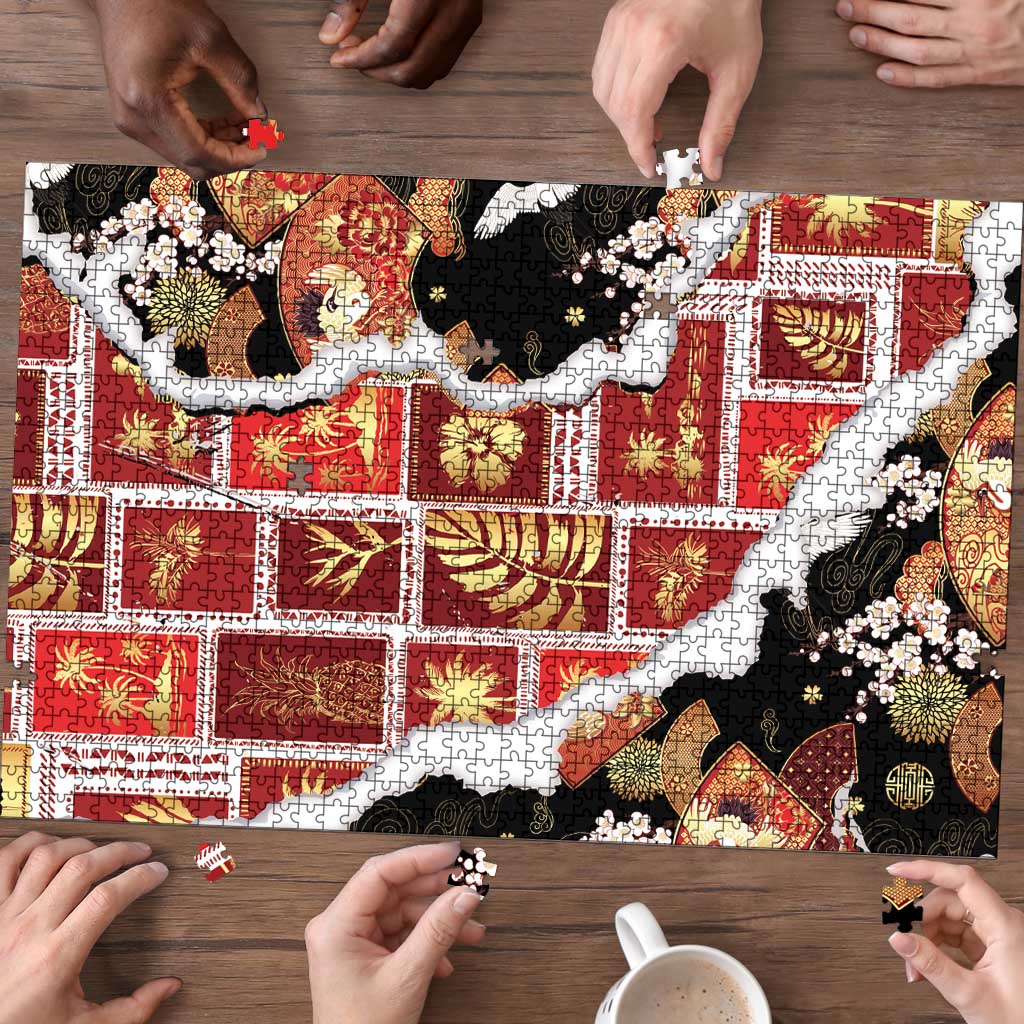 Hawaii Japanese Culture Black Puzzle Spring Cranes Aloha Pattern