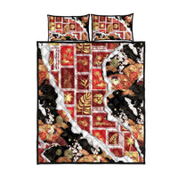 Hawaii Japanese Culture Black Quilt Bed Set Spring Cranes Aloha Pattern