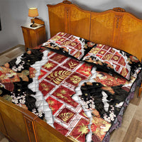 Hawaii Japanese Culture Black Quilt Bed Set Spring Cranes Aloha Pattern