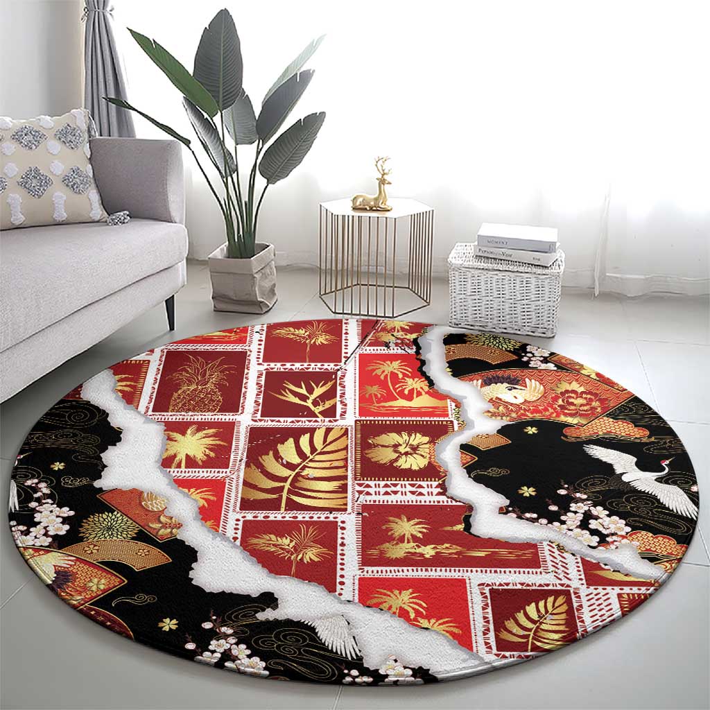 Hawaii Japanese Culture Black Round Carpet Spring Cranes Aloha Pattern