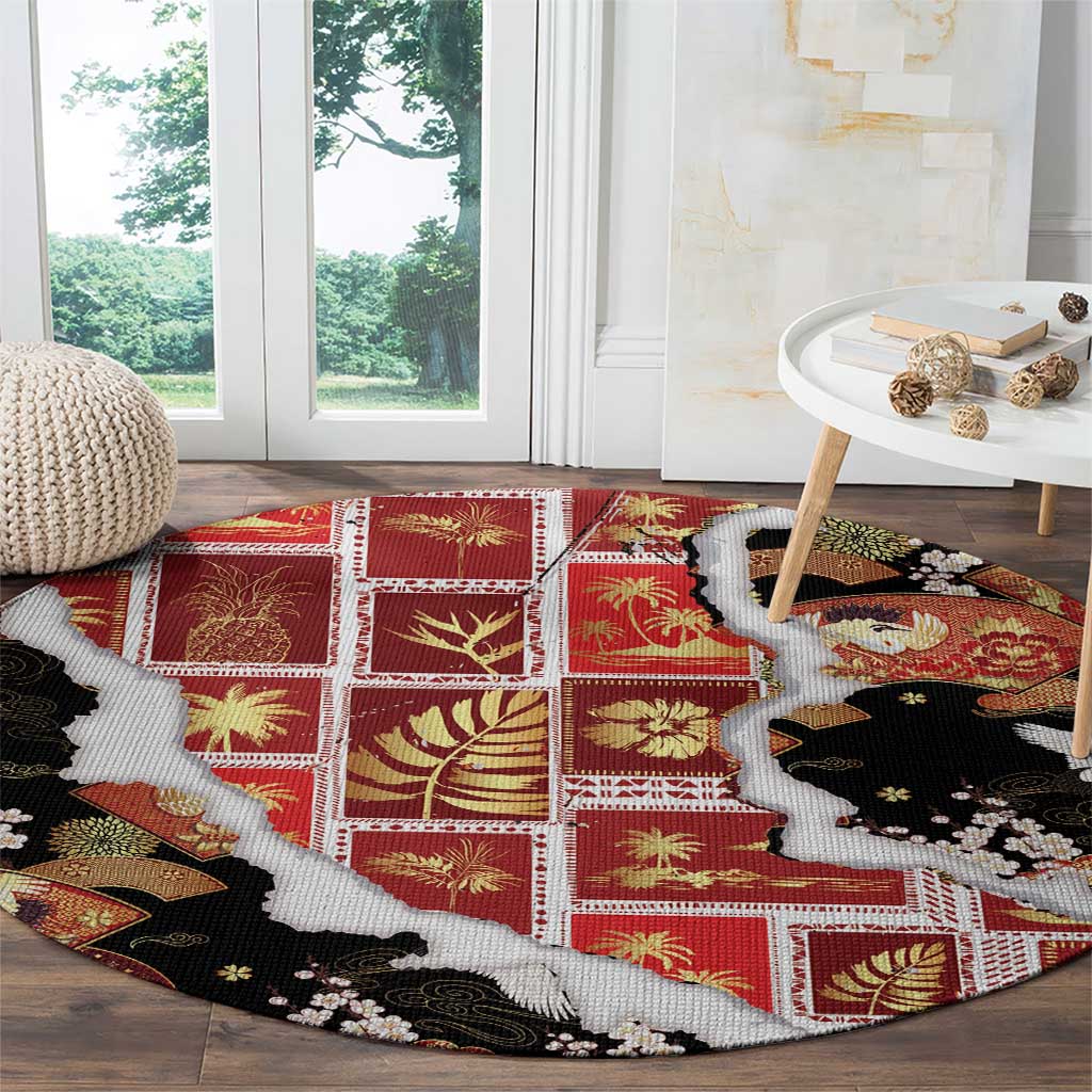 Hawaii Japanese Culture Black Round Carpet Spring Cranes Aloha Pattern