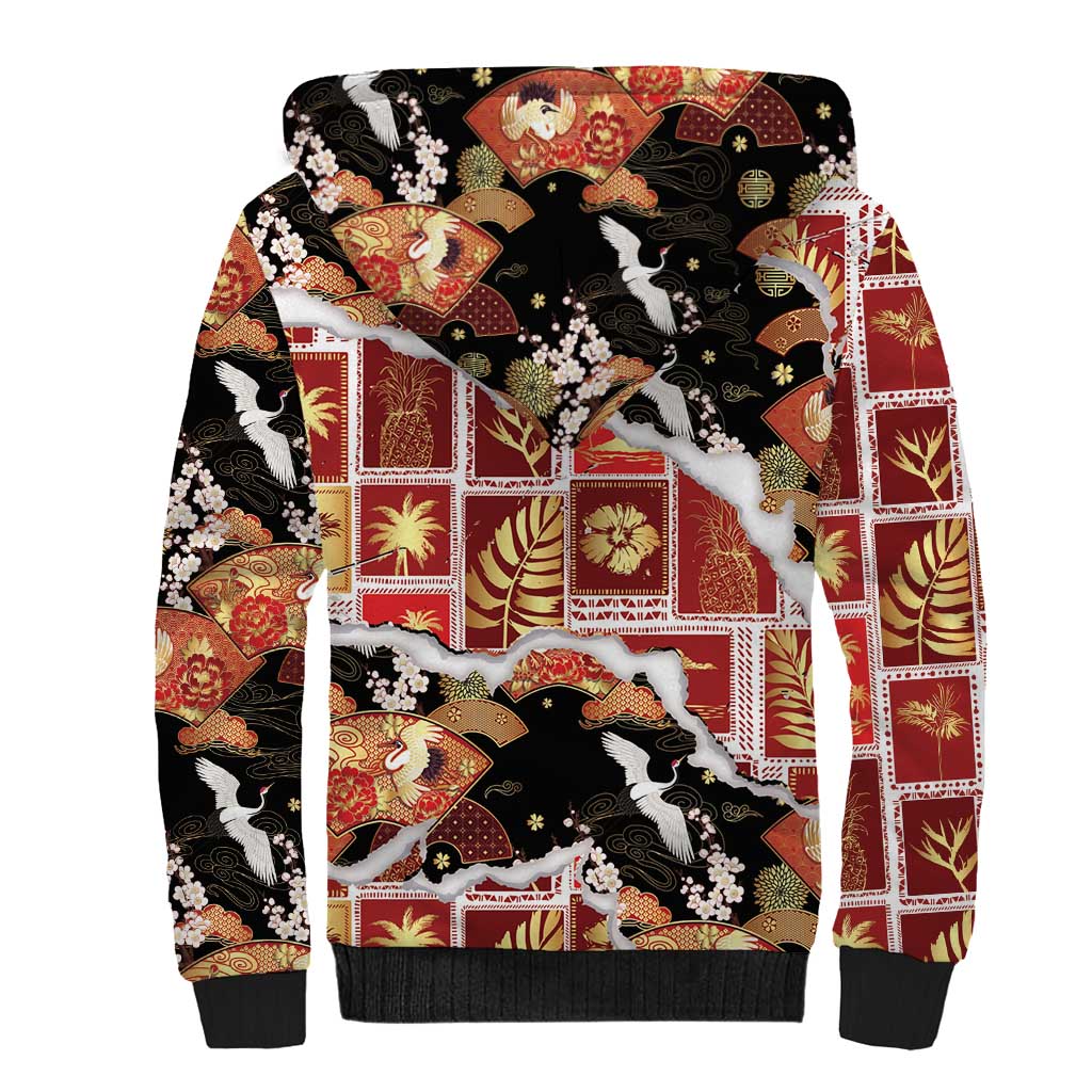 Hawaii Japanese Culture Black Sherpa Hoodie Spring Cranes Aloha Pattern LT01 - Polynesian Pride