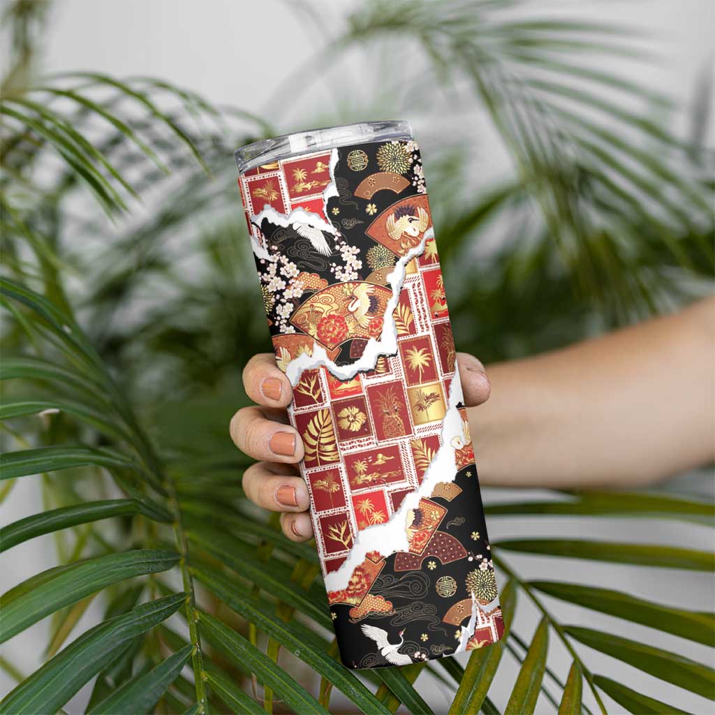 Hawaii Japanese Culture Black Skinny Tumbler Spring Cranes Aloha Pattern