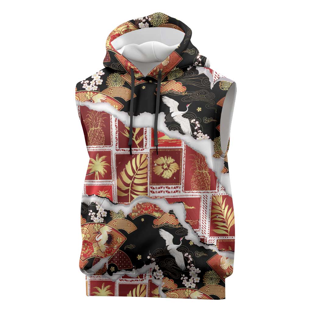 Hawaii Japanese Culture Black Sleeveless Hoodie Spring Cranes Aloha Pattern